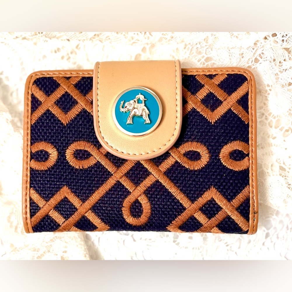 Spartina 449 Elephant Navy Turquoise Tan Leather Embroidered Wallet-New W/O Tags